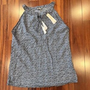 New NWT One Society Blue Blouse Sleeveless Tank Top Patterned Halter Size Medium